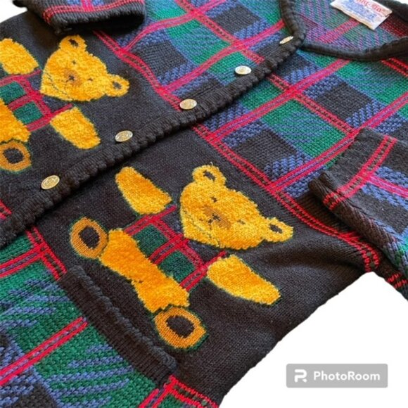 1980's AOP Teddy Bear Tartan Plaid Plush Tail Themed Cardigan Sweater Medium - Picture 2 of 12